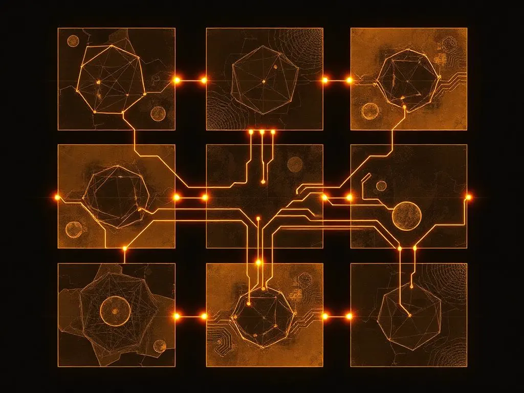 Grid of AI-generated illustration tiles linked by glowing gold threads