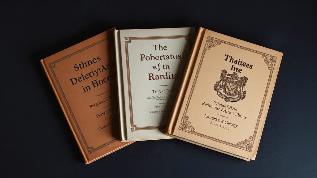 Three printed book covers fanned out on a dark surface