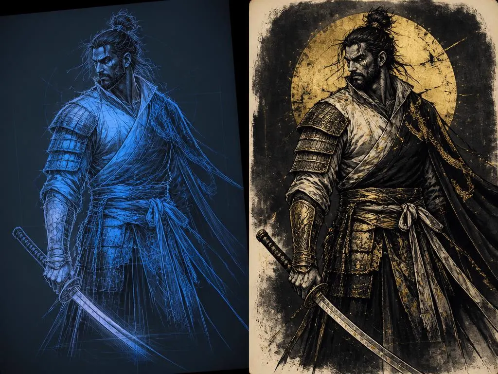 A digital concept sketch beside its finished hand-inked version