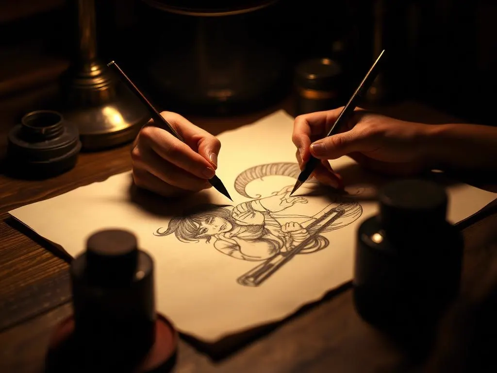 Artist hands inking a drawing at a lamplit drafting desk